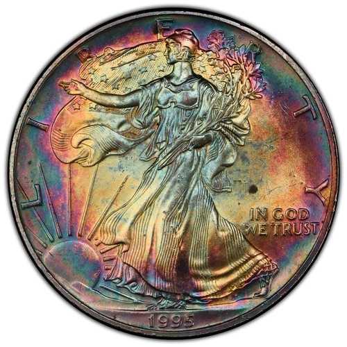 1995年 アメリカンシルバーイーグル PCGS MS64 クレイジーレインボートーン フルカラー 両面