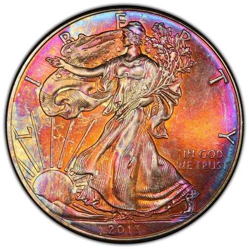 2013年 アメリカン シルバー イーグル PCGS MS67 レインボートーン ブライト エレクトリック ネオンカラー