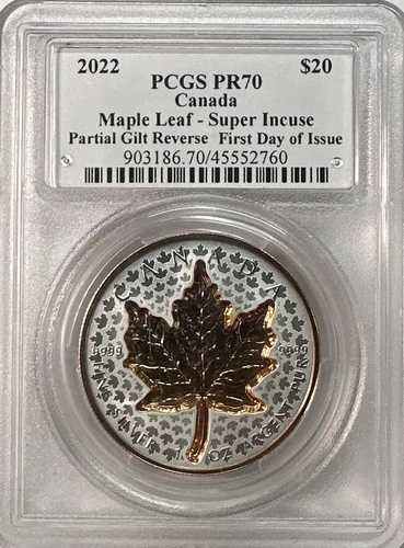 2022年カナダ メープルリーフ スーパーインキューズ ローズギルト リバース 初日発行 PCGS PR70!