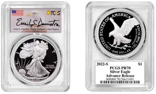 2022-S $1 シルバーイーグル PCGS PF70 先行リリース DAMSTRA サイン入り 先行販売