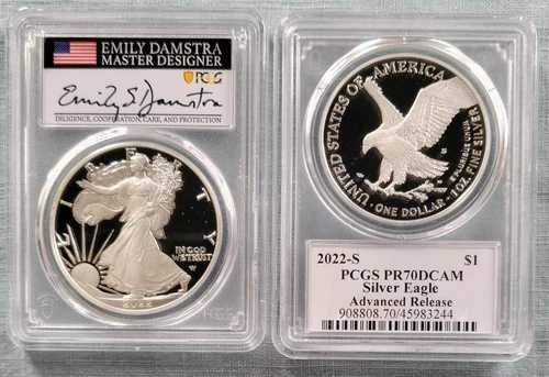 2022-S 1ドル シルバーイーグル PCGS PF70 アドバンスリリース DAMSTRA 直筆サイン入り