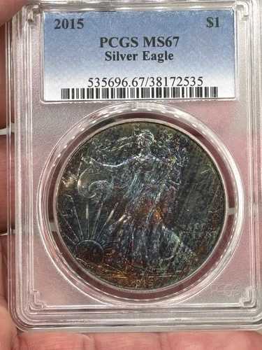 2015年 アメリカン シルバー イーグル PCGS MS67 モンスター レインボートーン「レアコイン」