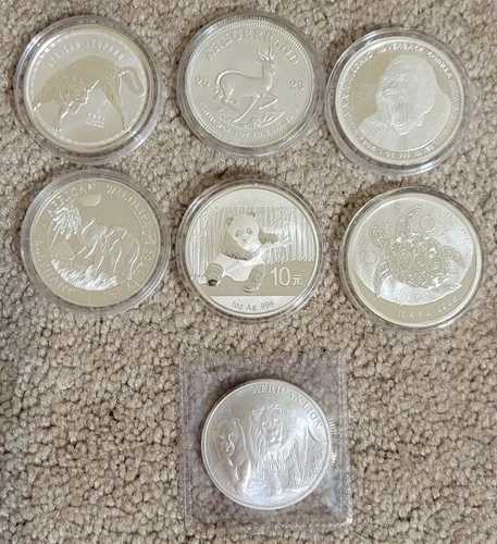 7種類の1オンス銀貨セット（中国、コンゴ、ソマリア、フィジー、ガーナなど）