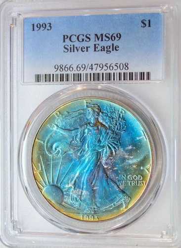 1993-P PCGS MS69 シルバーイーグル $ ワオ！鮮やかな深みのあるトーンの素晴らしいレインボー
