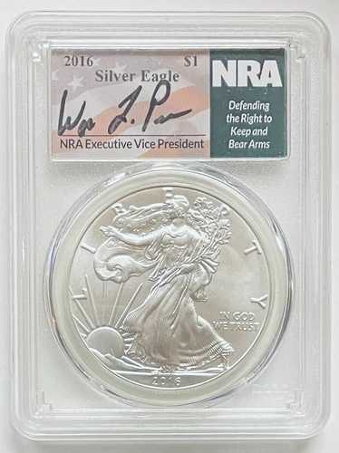 2016年 シルバーイーグル PCGS MS70 NRA EVP ウェイン・ラピエール署名入り 1/200