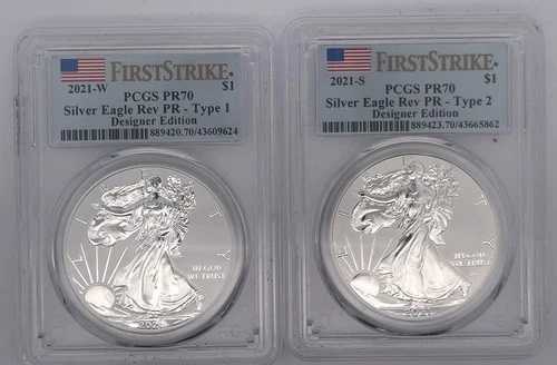 2021-W & S PCGS (PF70) リバースプルーフ シルバーイーグル デザイナー コイン 2枚セット タイプ1 & 2