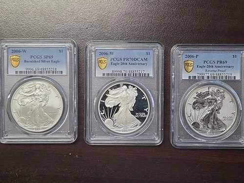 2006-W 3枚セット シルバーイーグル 20周年記念セット PCGS SP69, RP69, PR70 -OGP/COA
