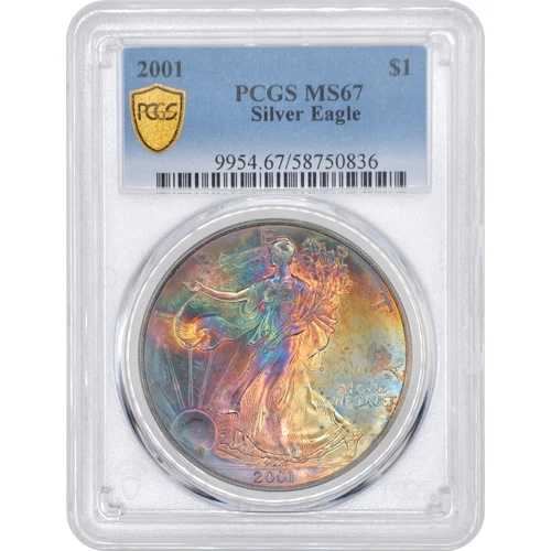 2001年 1ドル アメリカン シルバー イーグル PCGS MS67 - 素晴らしいレインボー トーニング