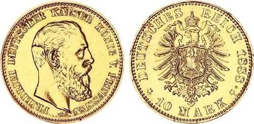 プロイセン 10マルク金貨 1888年 皇帝フリードリヒ3世 金貨 SS サンディングマーク 133696-