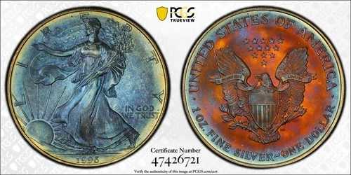 1996年 シルバーイーグル PCGS BU MS67 トーンカラー ~ 希少なビビッドモンスタートーンキーデート|WORLD RESOURCE【QUEEN店】