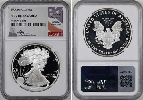 1995-P プルーフ シルバー イーグル NGC PF70 MERCANTI サイン入り フラッグラベル PR70