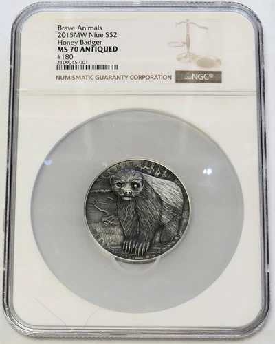 2015 MW ニウエ $2 ハニーバジャー ブレイブアニマルズ 2オンス コイン NGC MS 70 アンティーク #180
