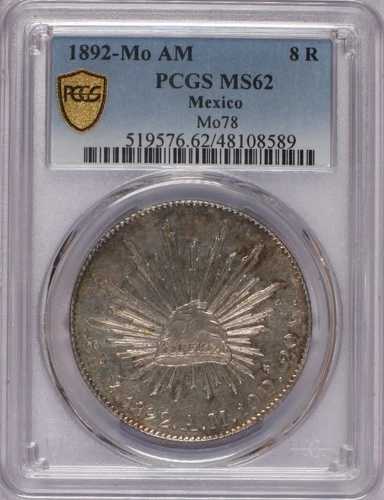 1892年-月 AM メキシコ 8レアル PCGS MS62。送料無料。