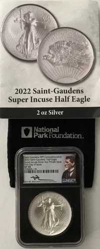 2022 セントゴーデンズ NPF コム、2 オンス シルバー、ハーフ イーグル、インキューズ、NGC SP-70 FDOI!｜WORLD RESOURCE【QUEEN店】