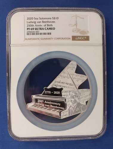 2020年 ソロモン諸島 5オンス シルバー プルーフ 10ドル コイン「ベートーベン記念」NGC PF69 / COA