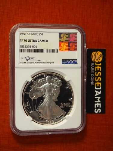 1988年 Sプルーフ シルバーイーグル NGC PF70 ウルトラカメオ ジョン・マーカンティ サイン入り レーガンラベル