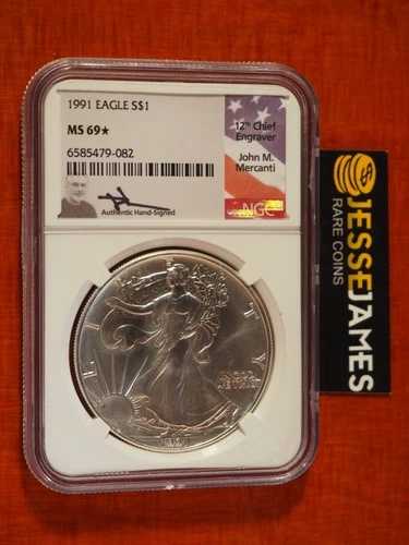1991 アメリカン シルバー イーグル NGC MS69 スター ジョン マーカンティ 直筆サイン入り ローポップ!
