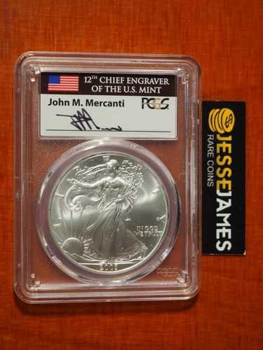 2003年 1ドル アメリカン シルバー イーグル PCGS MS70 ジョン・マーカンティ サイン入り 旗ラベル POP 62