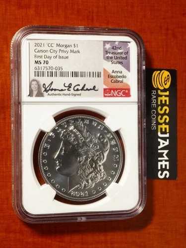 2021 CC プライベート モルガン シルバー ドル NGC MS70 初日発行 アンナ・カブラル サイン入り
