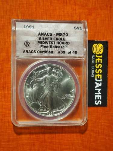 1991年 $1 アメリカン シルバー イーグル ANACS MS70 初リリース ミッドウェスト ホード 血統書付き