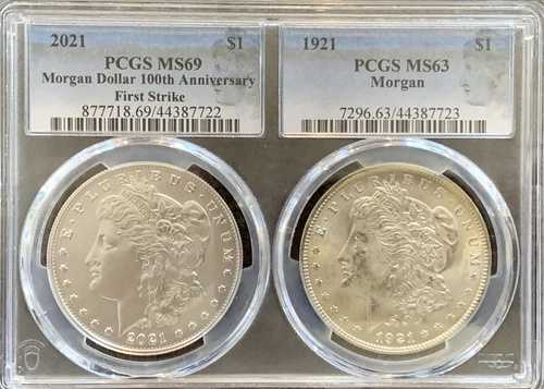 1921年 MS63。2021年 MS69。モルガン・シルバー・ダラー・ダブルホルダー