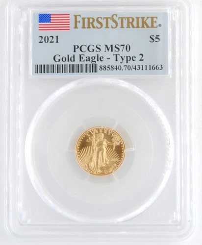 米国 2021年 アメリカンゴールドイーグル タイプ2 5ドル 1/10オンス金貨 PCGSグレード MS70