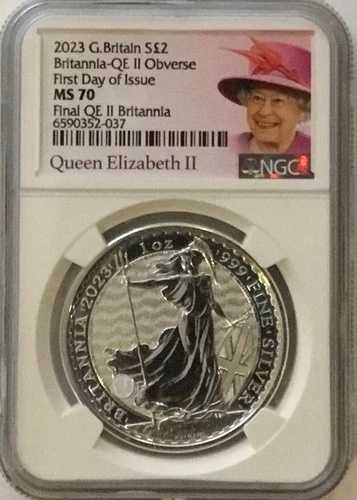 2023 1オンス シルバー ブリタニア NGC MS70 発行初日 QEII ラベル イギリス!｜WORLD RESOURCE【QUEEN店】