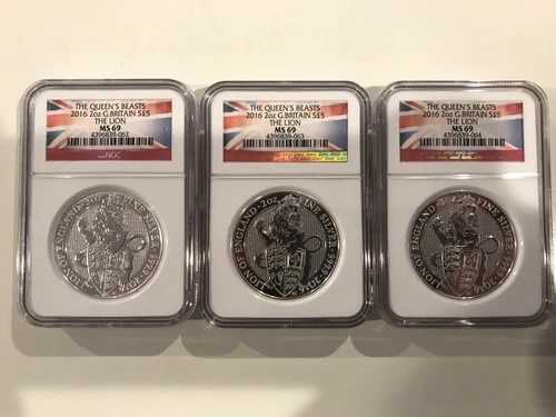 NGC MS69 2016 英国製 シルバー クイーンズビースト イングランドのライオン 2オンス 5ポンド x 3