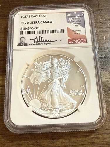 1987年 Sプルーフ シルバーイーグル NGC PF70 ウルトラカメオ トーマス・ウラム 直筆サイン入り 旗ラベル 001