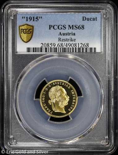 1915年 1ドゥカット オーストリア金貨 フランシス・ヨーゼフ1世 再鋳造 PCGS MS 68 | UNC BU