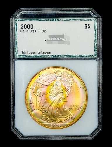 2000年アメリカンシルバーイーグルインセインリーパステルレインボートーンターゲットトーニングパターン