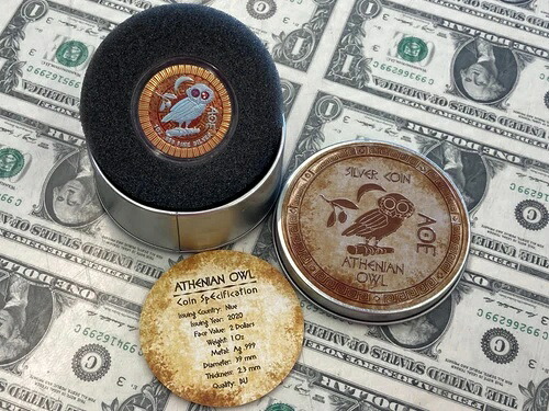 ニウエ 2020 $2 アテネのフクロウ - 1オンス 銀貨 ピンク スワロフスキークリスタルアイ