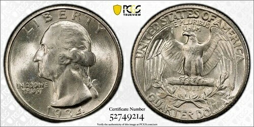 1934年 P ワシントン クォーター PCGS MS-65 ミディアム モットー