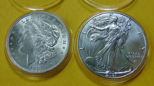 コイン2枚 - 1921年 シルバー モーガン ドル & 2021年 シルバー イーグル (タイプ2 裏面)