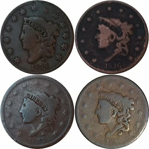 1832年、1836年、1837年、1838年 マトロン リバティ ヘッド 銅貨 1セント 4枚セット