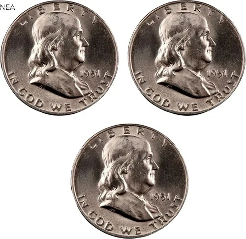1951+1951-D+1951-S フランクリン ハーフダラー ロット ~ ジェム BU ~ 90% シルバー ~ 3枚セット