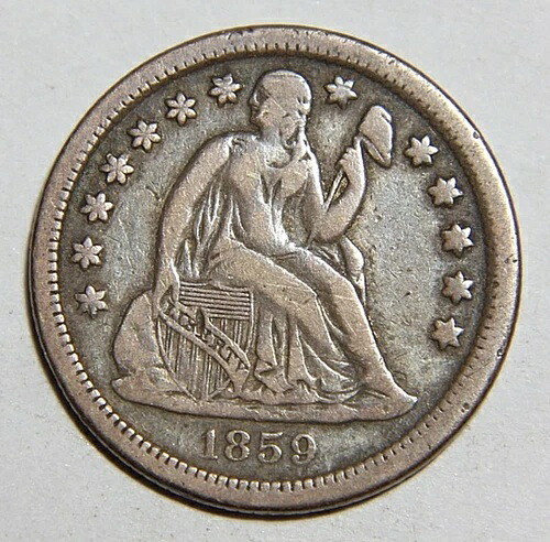 1859-O 米国製 シーティング リバティ ダイム 10セント 希少 日付 VF コンディション -5297-