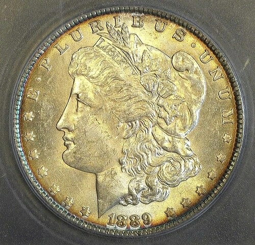 1889年 P モルガン銀貨 ICGグレード MS 63 美しいプルアウェイリムトーニング