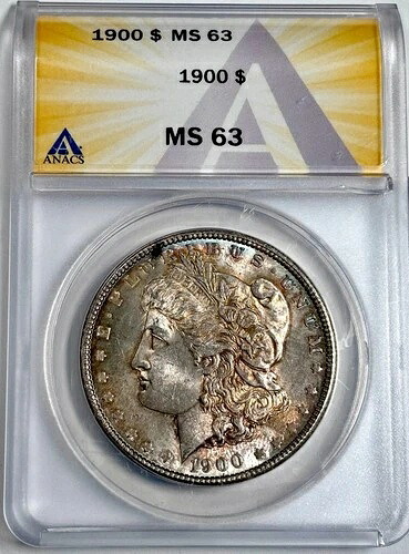 1900年モルガン銀貨 MS63 ANACS認定。美しいブルーターコイズトーン