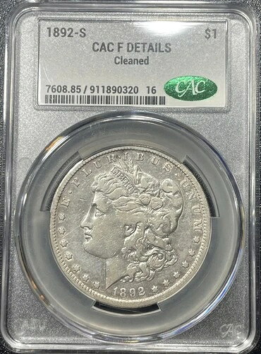 1892-S モルガン銀貨 $1 CAC 細部までクリーニング済み