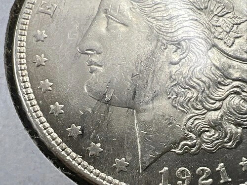 1921年 P $1 モルガン銀貨 エラーコイン ラミネート加工 プランシェット 表面 UNC 詳細