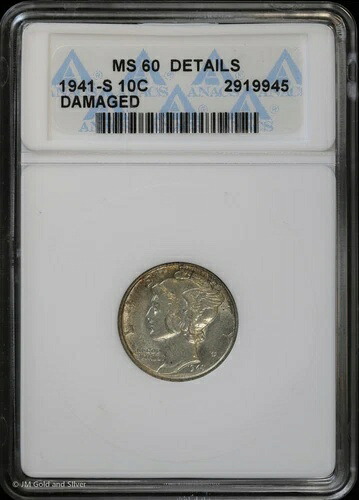 1941 S 10C マーキュリーダイム ANACS MS 60 ディテール | ソープボックス 未流通 UNC-