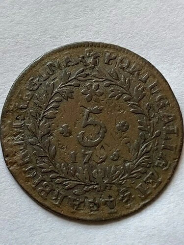 1776 植民地アメリカ - ポルトガル ???? 5 レイス 1795 オーバーストラクチャ 1776 3 レイス