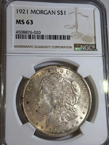 1921年モルガン・ダラー NGC MS63。光沢のある白貨、非常に美しい外観。フィラデルフィア造幣局
