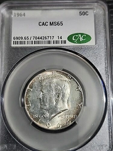 1964年製 ケネディ・ハーフドル銀貨（未使用）CAC MS65 CACG トーン 送料無料