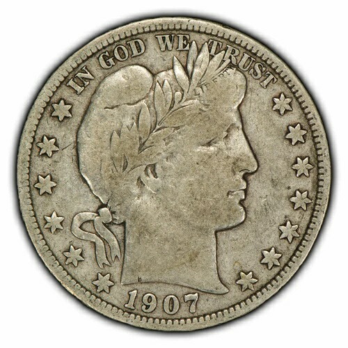 1907年 50セント シルバー バーバー ハーフドル - プレージング ファイン/VF オリジナルコイン - SKU-Z1628