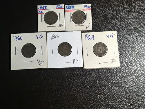 5枚の銅ニッケル製フライングイーグルとインディアンセント硬貨（旧コレクション、1858～1864年）