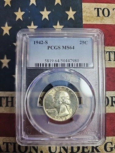 1942年 S ワシントン クォーター MS 64 PCGS シルバー 25セント 未流通コイン