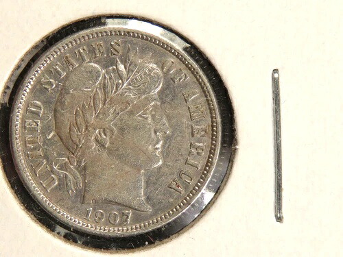 1907-S バーバーダイム、AU、クリーニング済み
