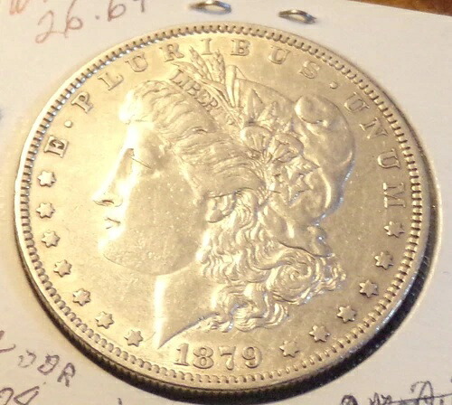 1879-0 モルガン銀貨（エラーあり、UNITED REV EF/AU で2倍）